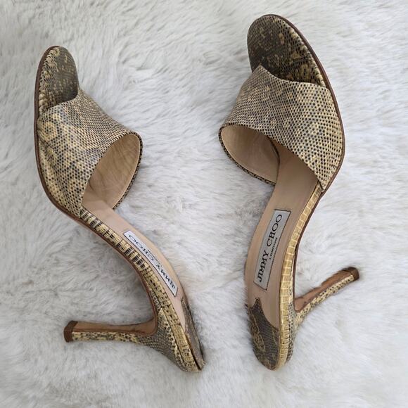 Jimmy Choo Snakeskin Animal Print Heels Open Toe Slide On Sandals - Picture 8 of 16